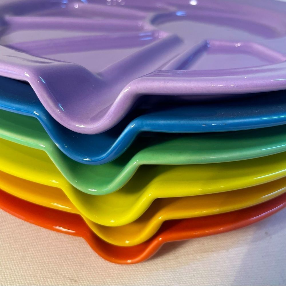 Vintage Hoffritz Divided Sushi Fondue Plates Set of 6 Rainbow Colours, Stoneware